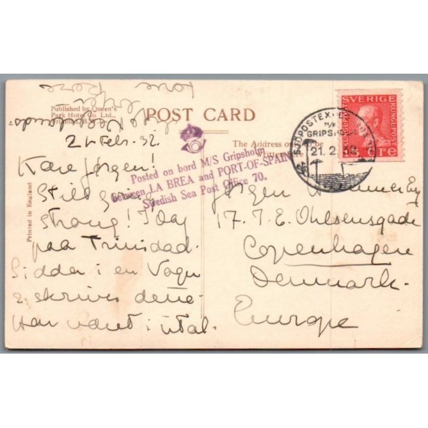 Posted on bord M/S Gribsholm - Bagside p Trinidadkort - Brugt
