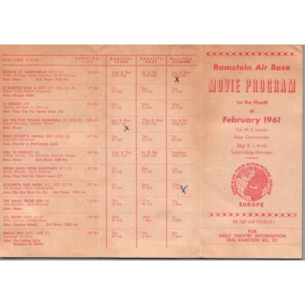 Ramstein Air Base - Germany - Movie Progam 1961