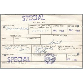 Visitors Pass - Ramstein Air Base - Germany - 1962