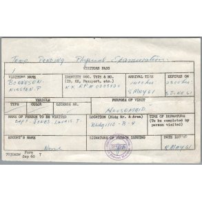 Visitors Pass - Ramstein Air Base - Germany - 1961