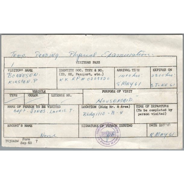 Visitors Pass - Ramstein Air Base - Germany - 1961