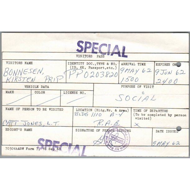 Visitors Pass - Ramstein Air Base - Germany - 1962