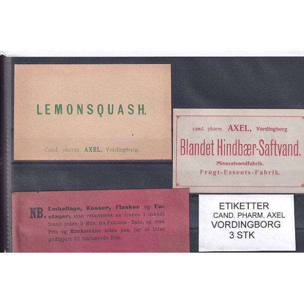 Etiketter - Cand. Pharm. Axel - Vordingborg - 3 Stk.