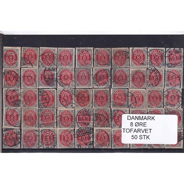 Danmark - 50 stk 8 re Tofarvede Stemplet