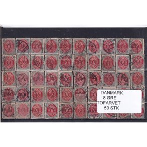 Danmark - 50 stk 8 re Tofarvede Stemplet