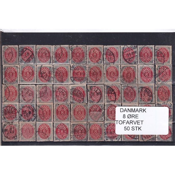 Danmark - 50 stk 8 re Tofarvede Stemplet