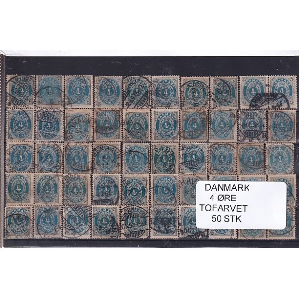 Danmark - 50 stk 4 re Tofarvede Stemplet