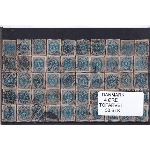 Danmark - 50 stk 4 re Tofarvede Stemplet