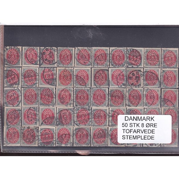 Danmark - 50 stk. 8 re Tofarvede Stemplet