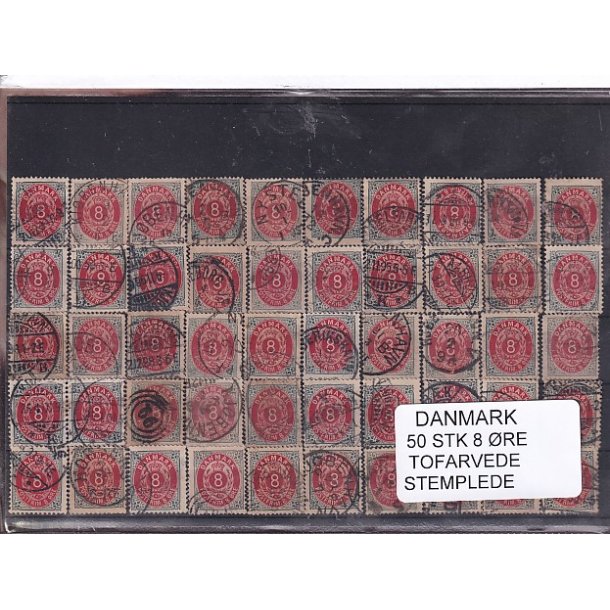 Danmark - 50 stk 8 re Tofarvede Stemplet