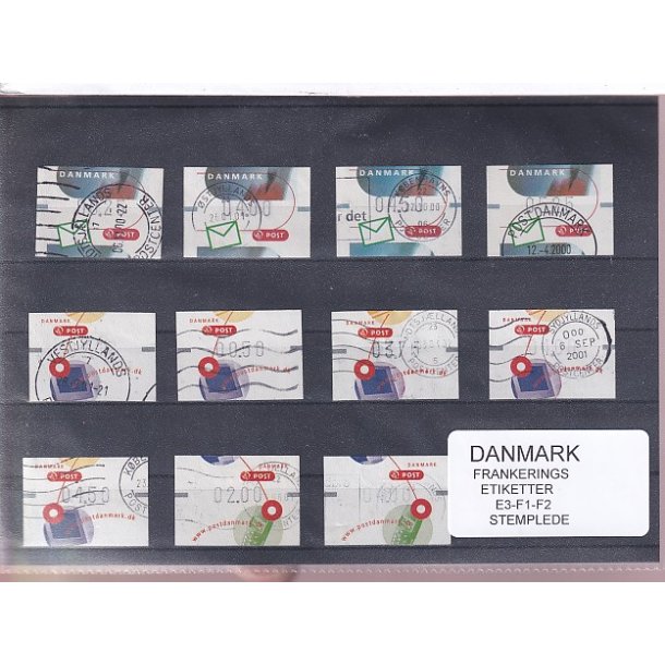 Danmark - Frankeringsetiketter  E 3 - F 1 - F2 - 11 Stk. Stemplede 