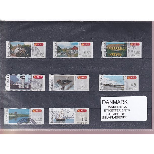 Danmark - Frankeringsetiketter - 8 Stk. Stemplede - Selvklbende