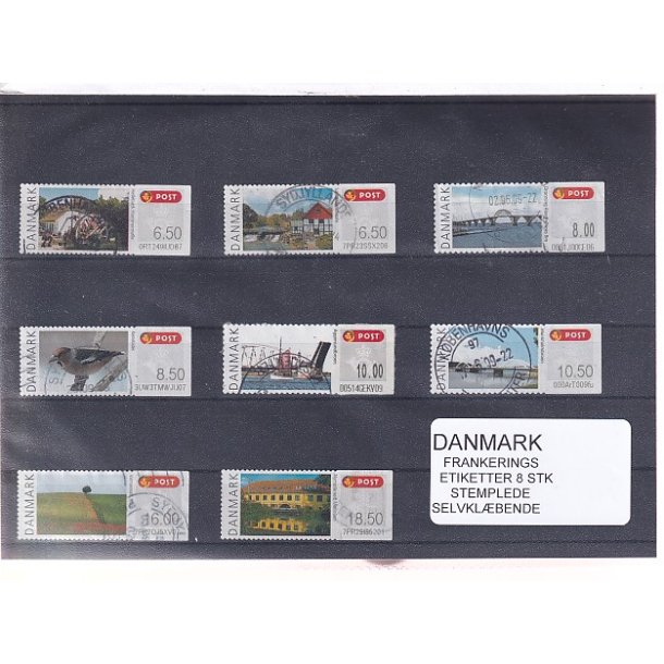 Danmark - Frankeringsetiketter - 8 Stk. Stemplede - Selvklbende