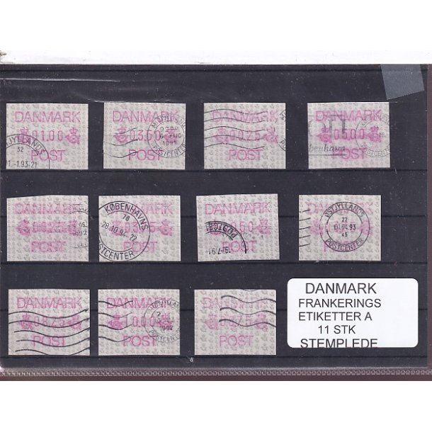 Danmark - Frankeringsetiketter  A - 11 Stk. Stemplede 