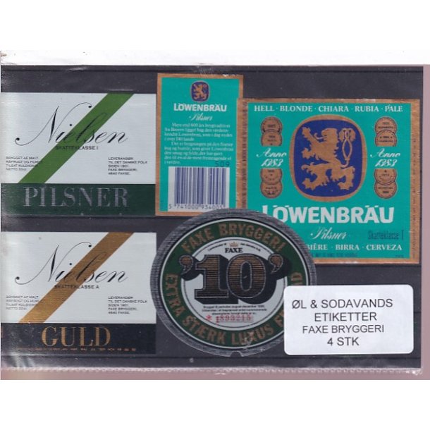 �l og Sodavands Etiketter - Faxe Bryggeri - 4 Stk.
