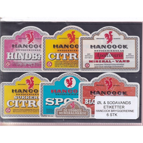 �l og Sodavands Etiketter - Hancock Bryggeri  - 6 Stk.