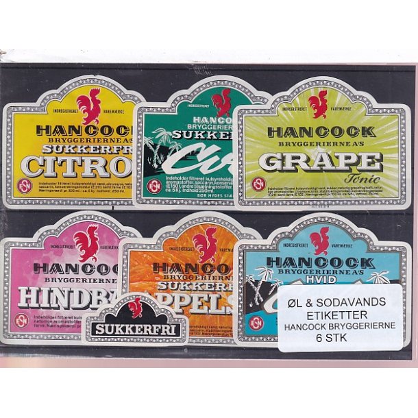 �l og Sodavands Etiketter - Hancock Bryggeri  - 6 Stk.