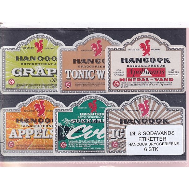 �l og Sodavands Etiketter - Hancock Bryggeri  - 6 Stk.