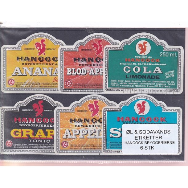 �l og Sodavands Etiketter - Hancock Bryggeri  - 6 Stk.