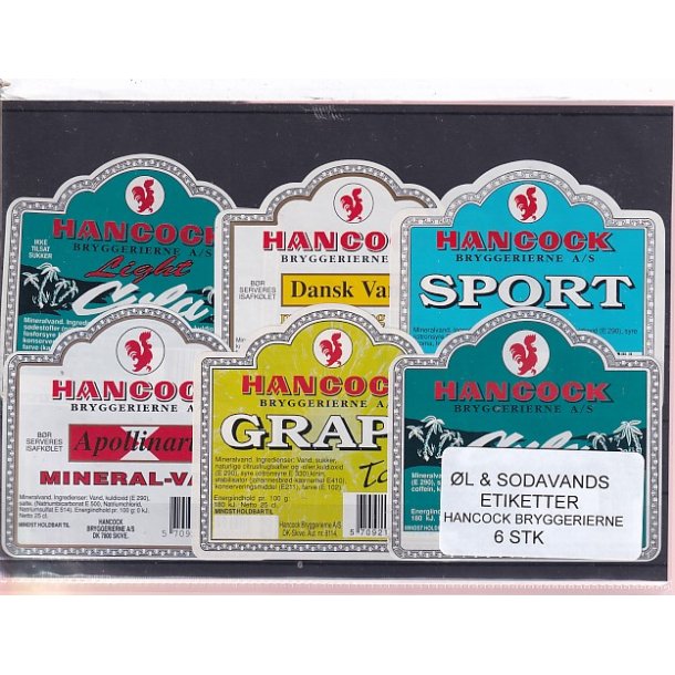 �l og Sodavands Etiketter - Hancock Bryggeri  - 6 Stk.