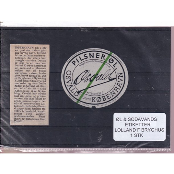 �l og Sodavands Etiketter - Osvald - Nyk�bing F. Bryghus - 1 Stk.
