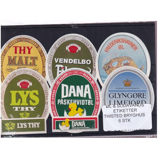 �l og Sodavands Etiketter - Thisted  Bryghus - 6 Stk.