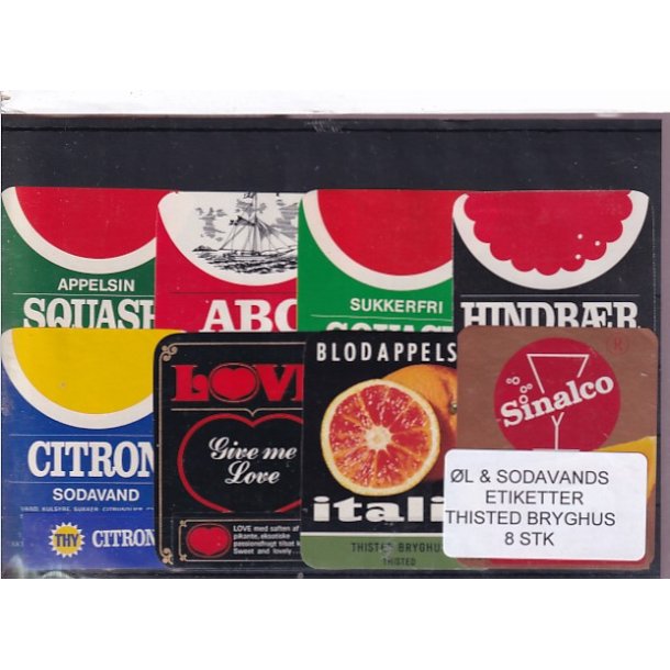 �l og Sodavands Etiketter - Thisted  Bryghus - 8 Stk.