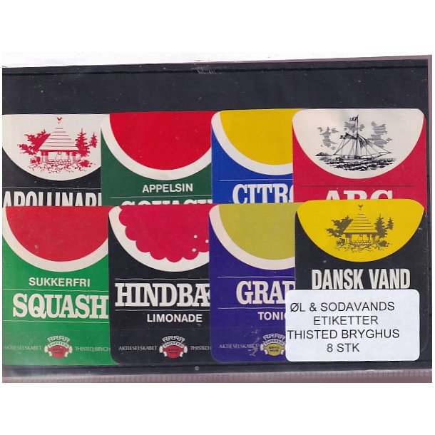 �l og Sodavands Etiketter - Thisted  Bryghus - 8 Stk.