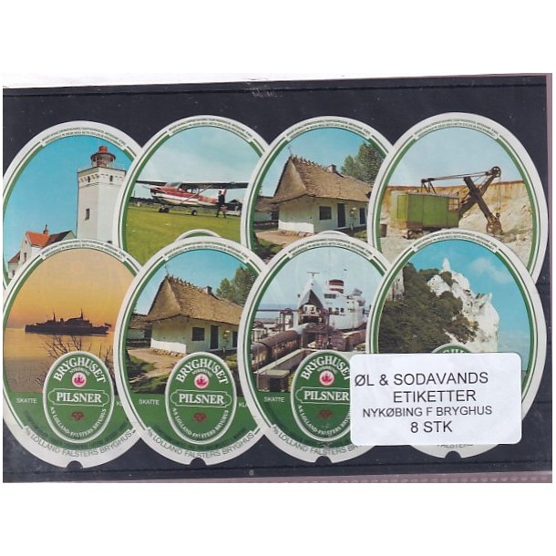 �l og Sodavands Etiketter - Nyk�bing F. Bryghus - 8 Stk.