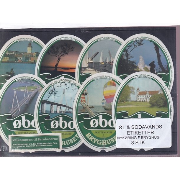 �l og Sodavands Etiketter - Nyk�bing F. Bryghus - 8 Stk.