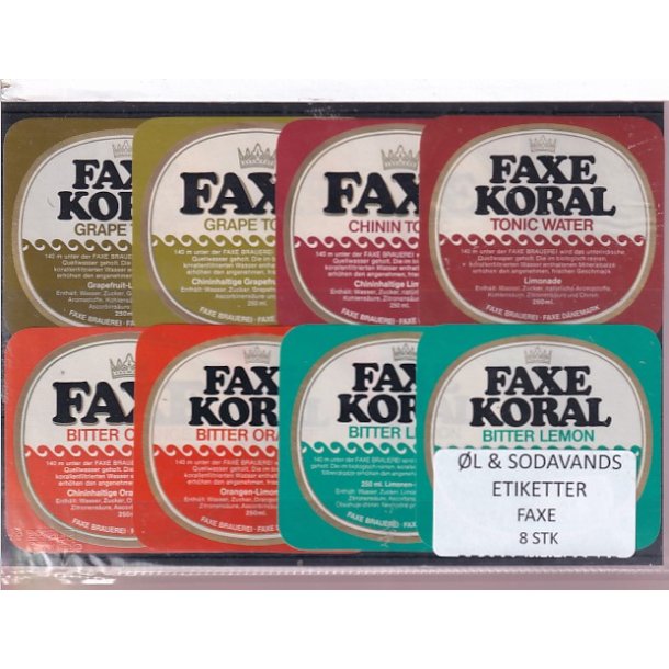 �l og Sodavands Etiketter - Faxe Bryggeri - 8 Stk.