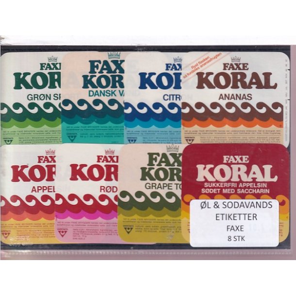 �l og Sodavands Etiketter - Faxe Bryggeri - 8 Stk.
