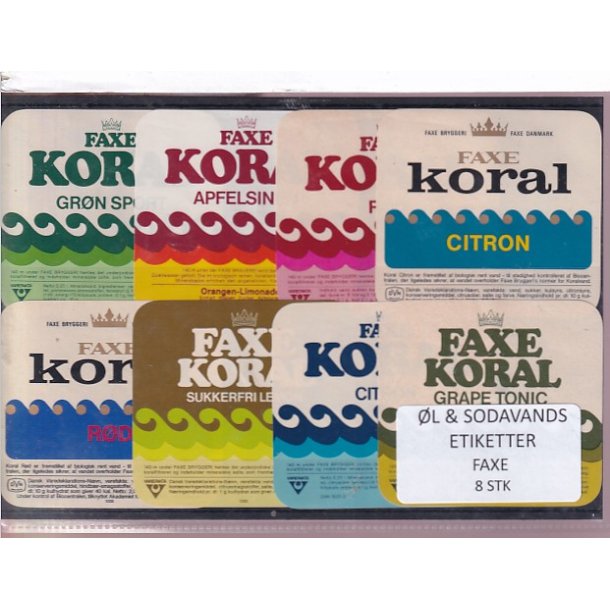 �l og Sodavands Etiketter - Faxe Bryggeri - 8 Stk.