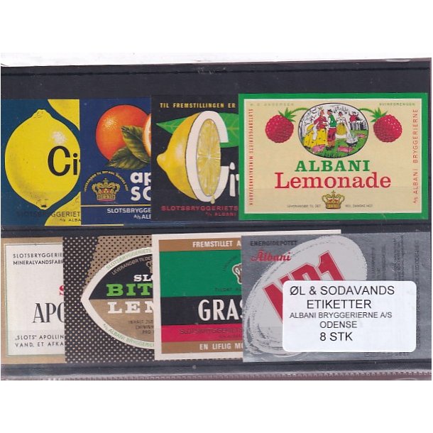 �l og Sodavands Etiketter - Albani - Odense - 8 Stk.