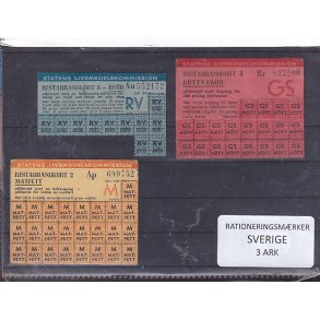 Rationeringsm�rker  3 Ark - 2. Verdenskrig - Sverige