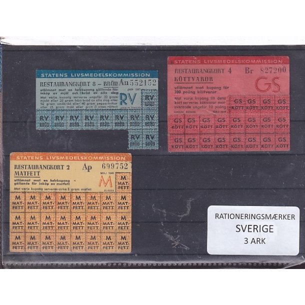 Rationeringsm�rker  3 Ark - 2. Verdenskrig - Sverige