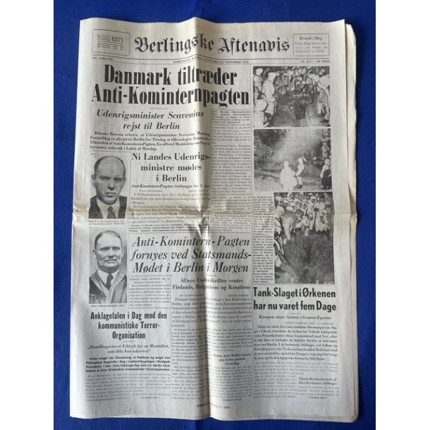 Avis - Berlingske Aftenavis - 21. Januar 1941 - Danmark tiltrder Anti - Kominterpagten