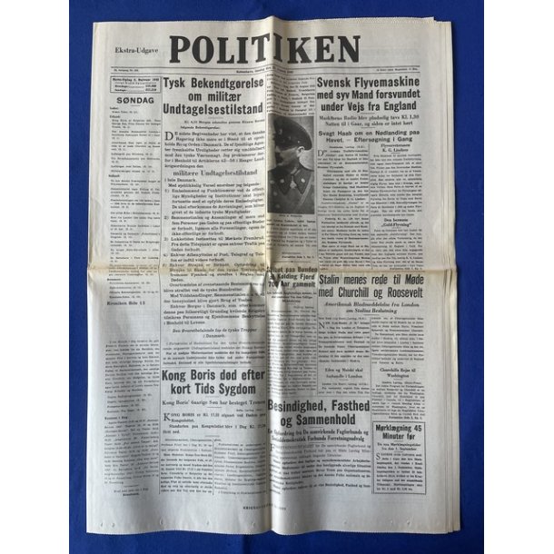 Avis - Politiken Ekstra Udgave ! - 29. August 1943 - Tysk Bekendtgrelse - Undtagelsestilstand