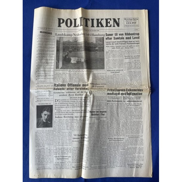 Avis - Politiken - 18. November 1940 - Landskamp Nederlag 1 - 0 - Hamborg
