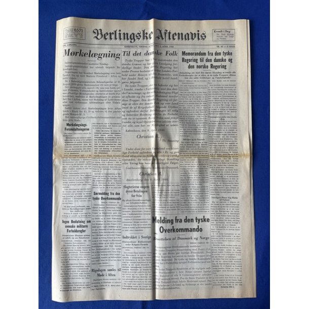 Avis - Berlingske Aftenavis - 9. April 1940 - Mrkelgning
