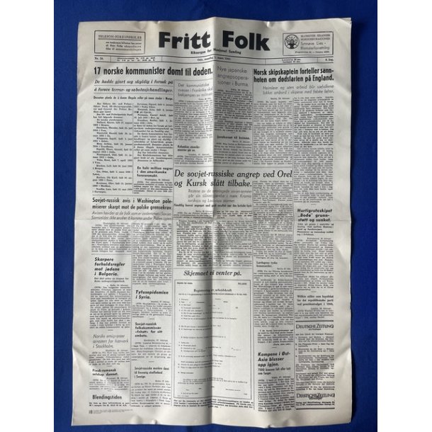Avis - Fritt Folk  (Norge) -  1. Marts 1943 - 17 norske kommunister dmt til dden
