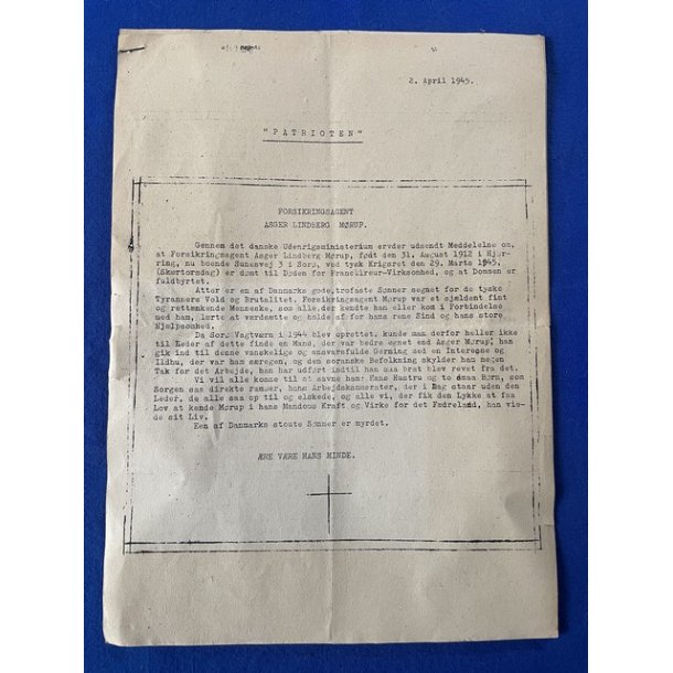 Illegalt Blad - "Patrioten" - 2 A4 ark. - 2. April 1945 - Godt Lst !!