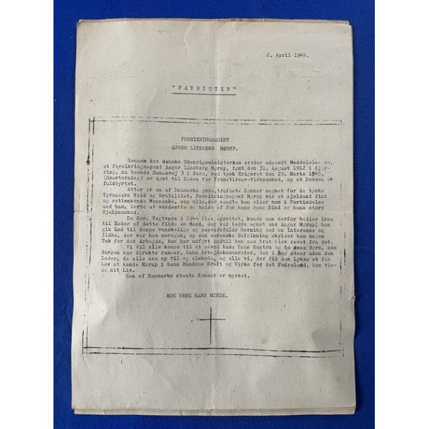 Illegalt Blad - "Patrioten" - 2 A4 ark. - 2. April 1945