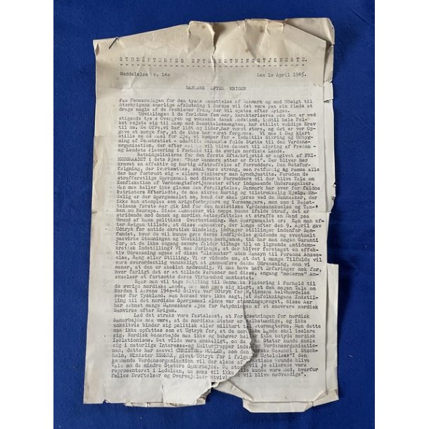 Illegalt Blad - Studenternes Efterretningstjeneste - 2 A4 ark. - 10. April 1945 - Laset !