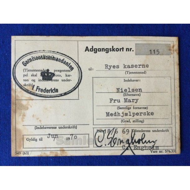 Adgangskort - Ryes Kaserne - 1969