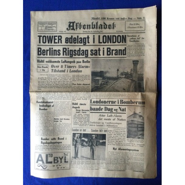 Avis - Aftenbladet  - 16. September 1940 - Tower delagt i London!