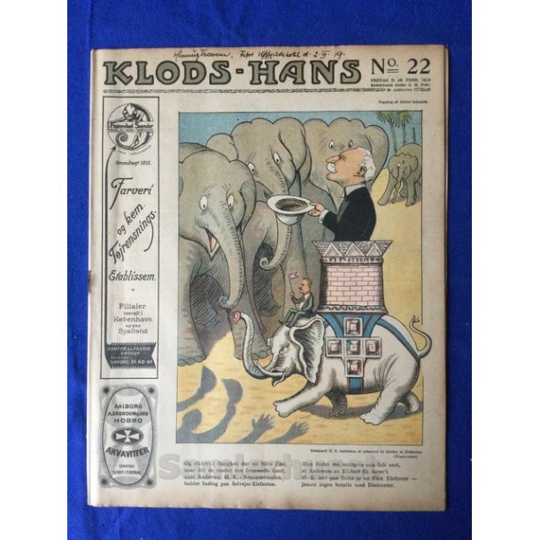 Klods - Hans - Politisk Vittighedsblad med Tegninger af A.Schmidt,G,Wegner.P.Fischer.m.m. No22  1919