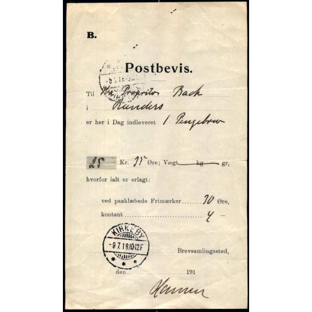Postbevis - Pengebrev - Kirkeby 9 - 7 - 18