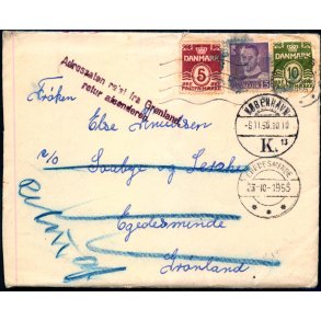 Brev til Egedesminde - Grnland 6 -11 - 55 - Retur af. Adressatren rejst fra Grnland - Med Indhold 