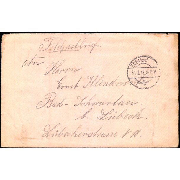Feldpostbrev  - K.D. Feldpost.  31 -3 - 17  - Til Bad- Schwartau - Lbeck